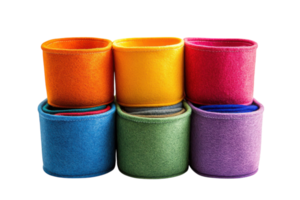 Colorful felt storage bins stacked on a white background for organizing items in a home or office setting png