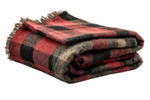 Cozy red and black plaid blanket folded neatly on a surface for warmth and comfort during cool evenings png