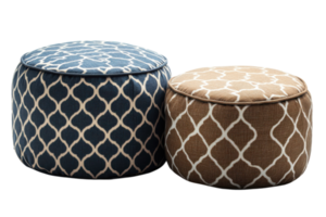 Stylish poufs in blue and brown patterns placed on a neutral surface in a modern living space png
