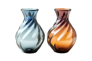 Unique twisted glass vases in blue and orange colors displayed together for decorative purpose png