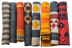 Colorful collection of textiles displayed in a row showcasing intricate patterns and designs png
