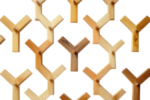 Unique wooden wall hooks arranged in a creative pattern showcasing craftsmanship and design png