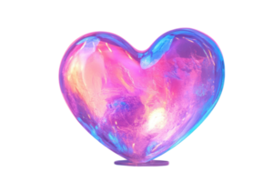 Colorful heart-shaped sculpture with iridescent hues on display in a bright gallery setting png