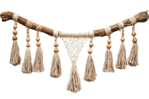 Decorative macrame wall hanging made from natural materials with tassels and wooden beads png