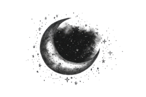 Celestial illustration depicting a crescent moon surrounded by twinkling stars and clouds in a cosmic setting png