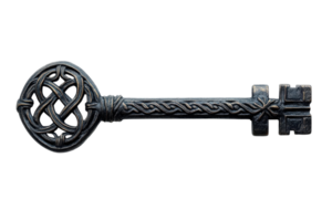 Vintage ornate key with intricate design and textured handle rests against a neutral background png