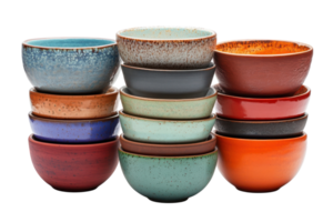 Stacked colorful ceramic bowls arranged in a visually pleasing display at a kitchen setting png