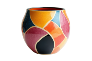 Colorful ceramic vase with unique geometric patterns displayed in a bright setting png