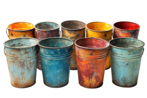 Colorful vintage buckets arranged in a neat row on a white background showcasing different colors and textures png