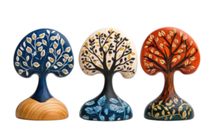 Decorative tree figurines showcase intricate designs and vibrant colors in studio setting png