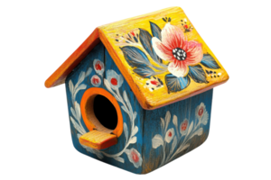 Decorative birdhouse with vibrant floral design and colorful roof displayed for outdoor use in a garden setting png