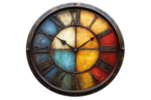 Wall clock featuring colorful segments with Roman numerals showcasing vintage design and rustic charm png