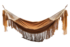 Handcrafted woven hammock with intricate fringe, perfect for outdoor relaxation in any garden or patio setting png