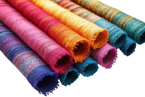 Colorful woven textiles displayed in a vibrant array showcasing intricate craftsmanship and design techniques png