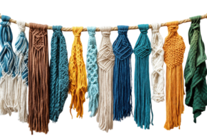 Colorful macrame wall hangings displayed on a rope showcasing different textures and patterns in a bright setting png