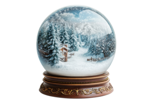 Beautiful snow globe capturing a serene winter landscape with trees and a cozy cabin in the woods png
