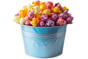 Colorful popcorn in a blue metal bucket served at a festive gathering for an enjoyable movie night experience png