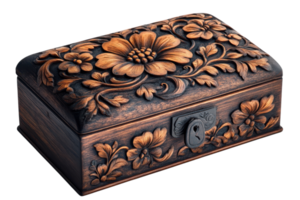 Ornately carved wooden box featuring floral designs with a detailed lock in a classic style png
