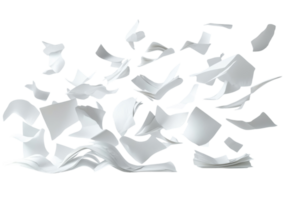 Papers fluttering in the air during a creative brainstorming session in an office environment png