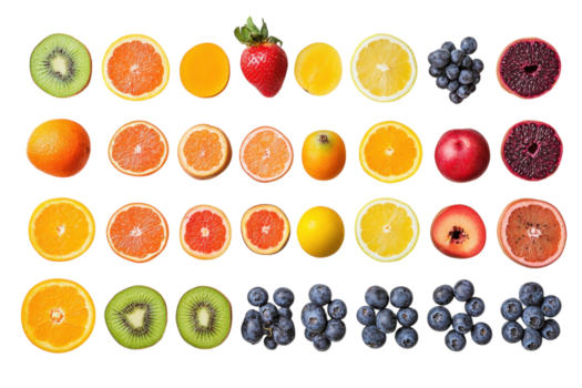 colorato Schermo di assortito agrume e frutti di bosco disposte nel un' creativo modello per vivace presentazione e salutare spuntini png