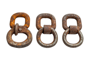 Rusty metal links arranged in a row showcasing different sizes and shapes in natural light png
