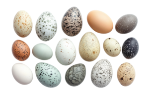 Beautiful collection of assorted bird eggs displayed on a white background highlighting natural colors and patterns png