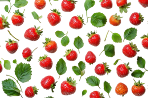 Red strawberries and green leaves arranged neatly on a clean white background creating a fresh and vibrant pattern png
