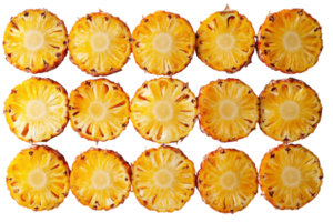 Freshly sliced pineapple arranged in a grid pattern on a white background showcasing its natural texture png