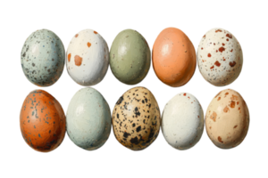 Colorful quail eggs arranged in a decorative pattern on a white surface png