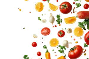 Fresh fruits and vegetables scattered on a bright background creating a vibrant and healthy display for cooking png