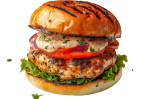 Grilled chicken burger with fresh toppings on a toasted bun png