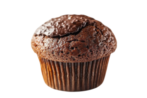 Moist chocolate cupcake topped with a rich layer of cracked ganache sits on a white background png