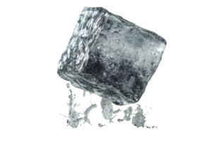 Clear ice cube splashing water as it drops, creating bubbles and droplets png