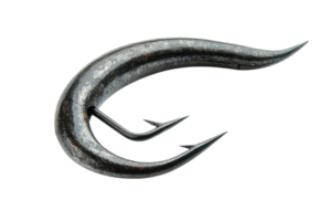 Unique metallic hook designed for deep-sea fishing with intricate details and sharp points png
