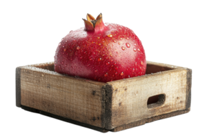 Freshly harvested pomegranate with water droplets in a rustic wooden box on a clean surface png