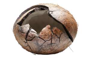 Cracked coconut shell revealing inner contents on white background showcasing natural texture and form png