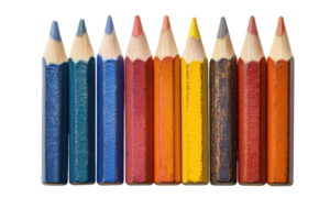 Colorful collection of ten vintage colored pencils arranged in a row displaying various hues on a white background png