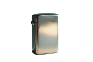 Classic metal lighter sitting on a smooth surface reflecting warm light in a minimalist setting png