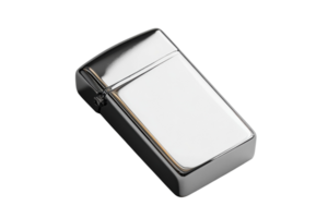 Metallic lighter resting on a surface reflecting light in a well-lit environment png