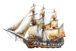 Sailing ship with multiple sails navigating through calm waters during a bright day png