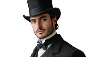 Sophisticated gentleman in vintage attire wearing a top hat and bow tie poses elegantly in a studio setting png