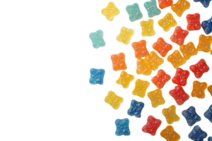 Colorful gummy bears scattered on a white background create a playful and cheerful display of sweetness png