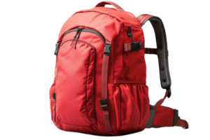 Stylish red backpack showcasing durable fabric and spacious compartments for outdoor adventures and daily use png