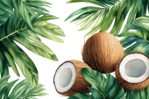 Coconuts surrounded by lush tropical leaves in a vibrant, natural setting for a refreshing, exotic vibe png