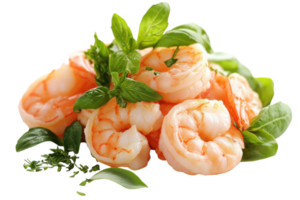 Fresh shrimp garnished with basil and herbs arranged artistically in a bright setting png