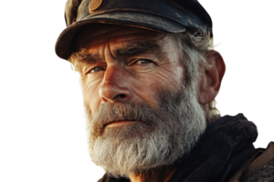 Portrait of an experienced sailor with a weathered face and stern expression during sunset at the coast png