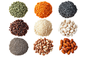 Variety of nuts and seeds arranged in a colorful display on a white background png