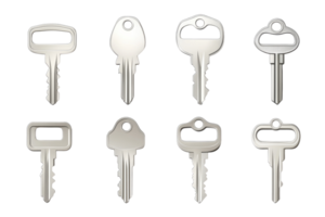 Collection of silver keys arranged in a grid pattern on a white background showcasing various shapes and sizes png