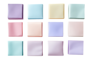 Colorful collection of assorted paper notes arranged in a grid display showcasing pastel hues and smooth textures png