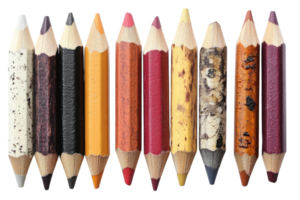 Artistic collection of colorful pencils arranged in a row showcasing various textures and colors for creative projects png